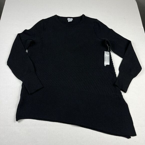 Chicos Tunic Sweater Black Asymmetric Warm Cozy Ribbed Knit Pullover 0 SMALL NEW - Picture 1 of 12